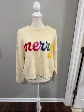 heyday Cream Crewneck Sweater with Rainbow 'merry' Embroidery